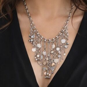 Silver Fringe Statement Necklace Layered Chain Bib Boho Festival